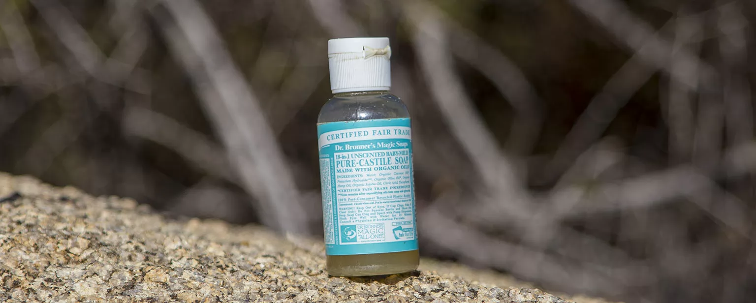 The original bottle of Dr. Bronner Pure-Castille Liquid Soap (unscented)