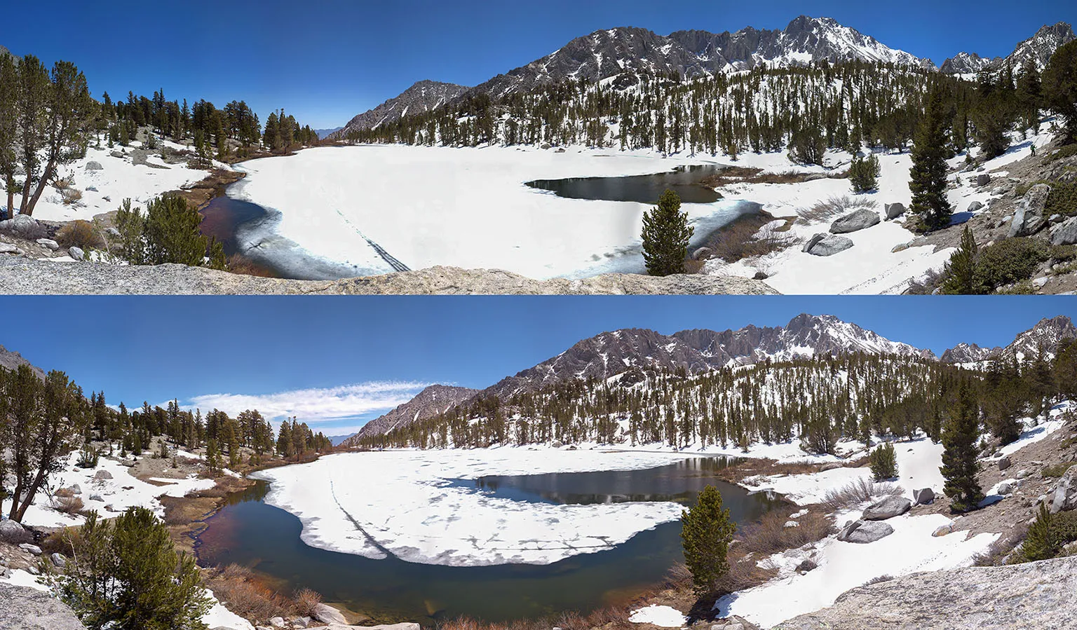 Two panoramas of Flower Lake, two days apart
