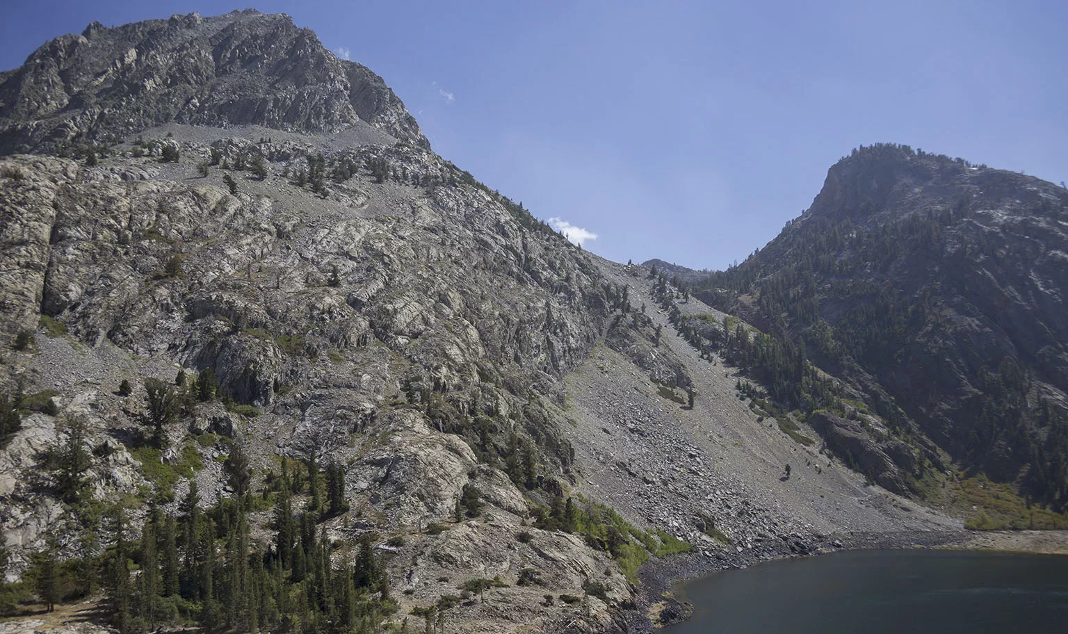 Agnew Lake. Part of the steep trail leading up to Agnew Pass can be seen in the center