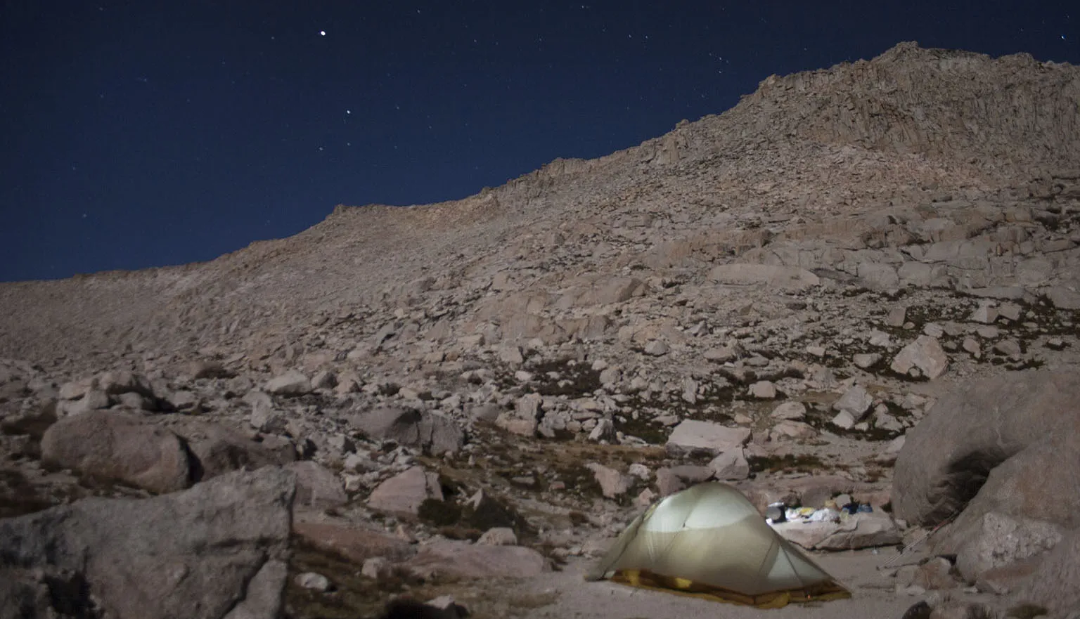 Our moonlit camp at High Lake, New Army Pass in the background