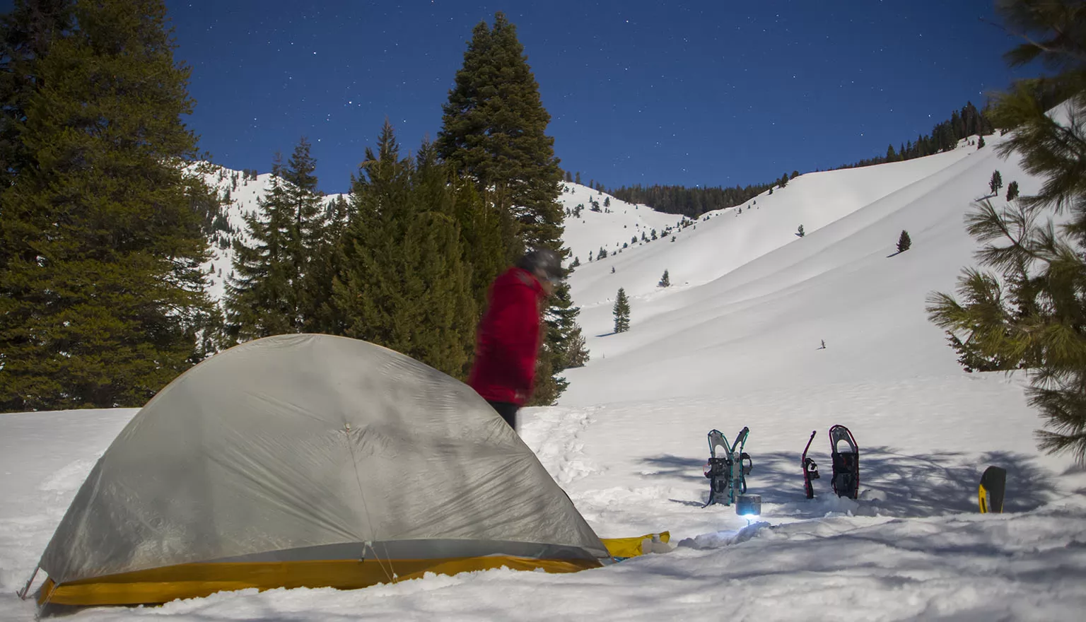 Our camp by moonlight. The Sawtooth Pass Trailhead right behind us.