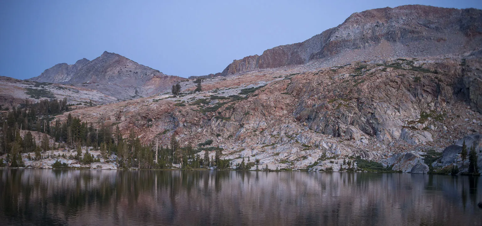 Merced Peak and the lake after sunset