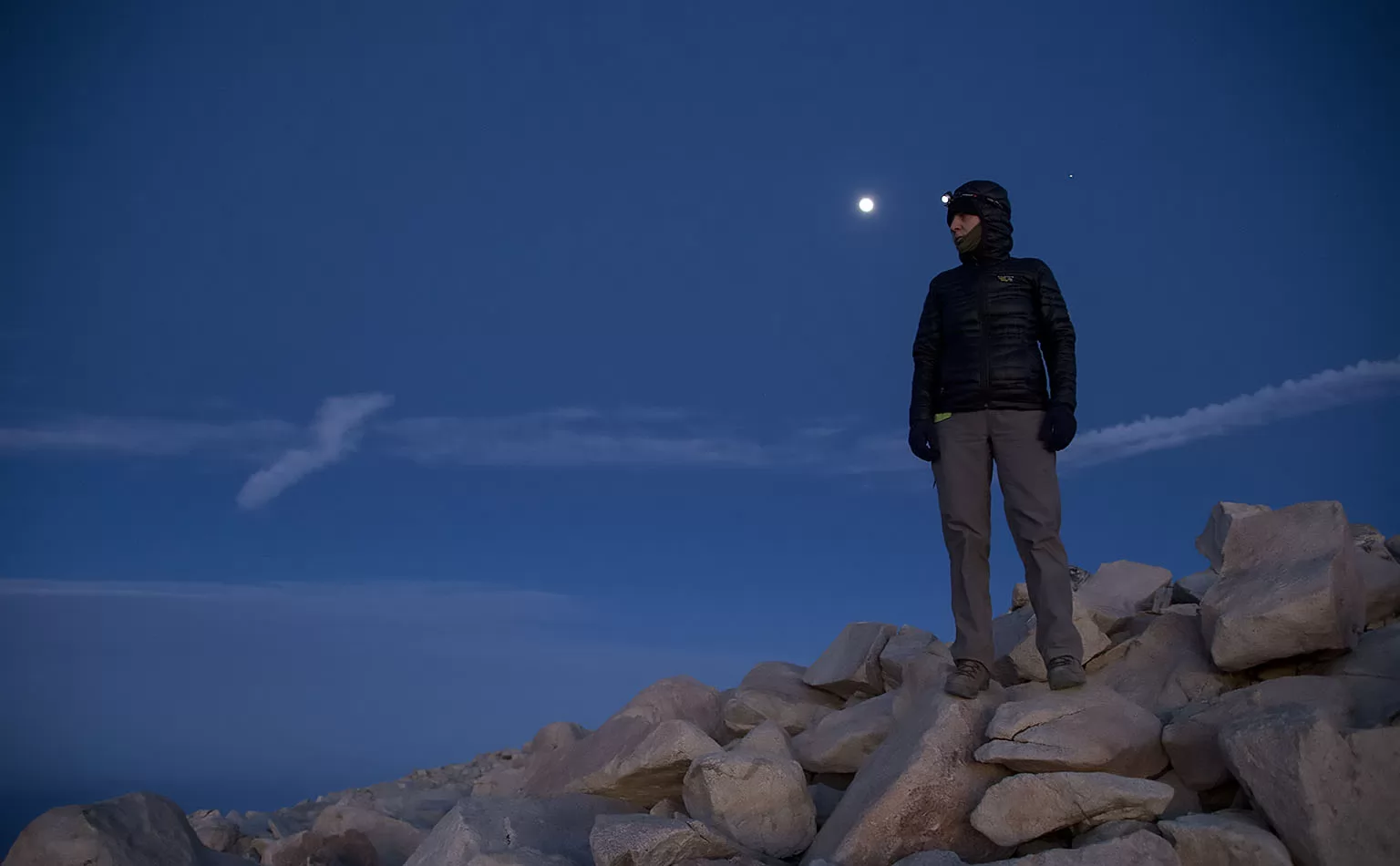 Em with her H7 on the summit of Mt. San Gorgonio, preparing for a moonlight hike back to our campsite