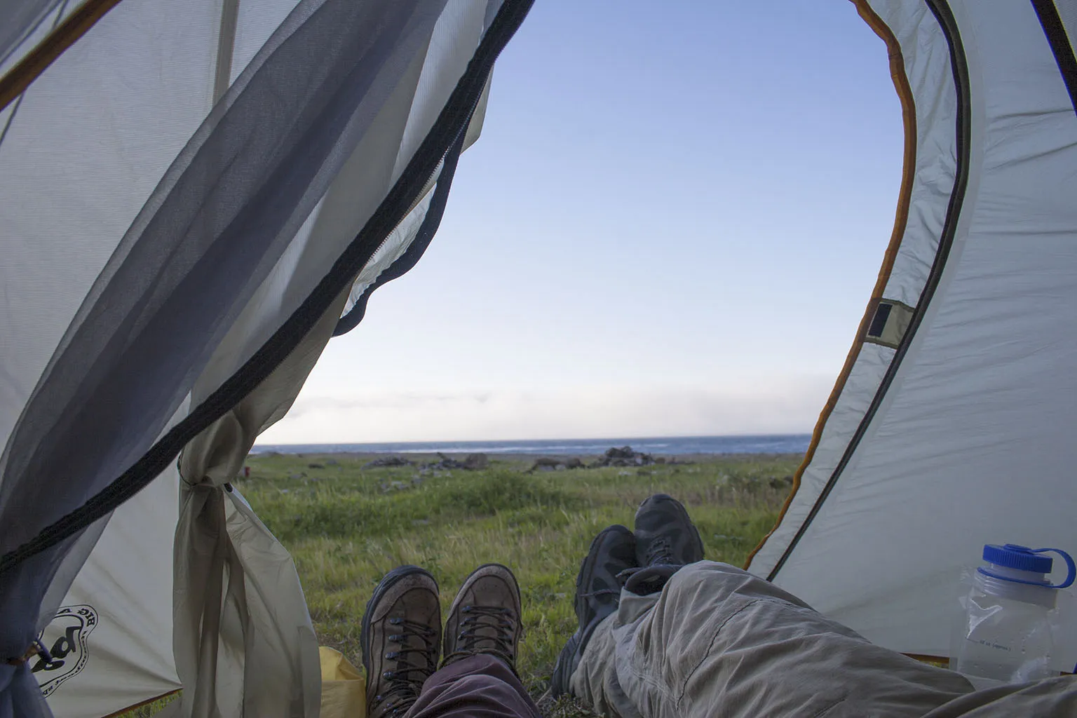 Escaping from the wind and enjoying the view from the tent