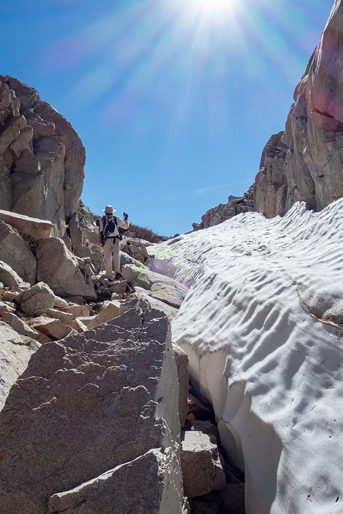 Descending the outflow gully