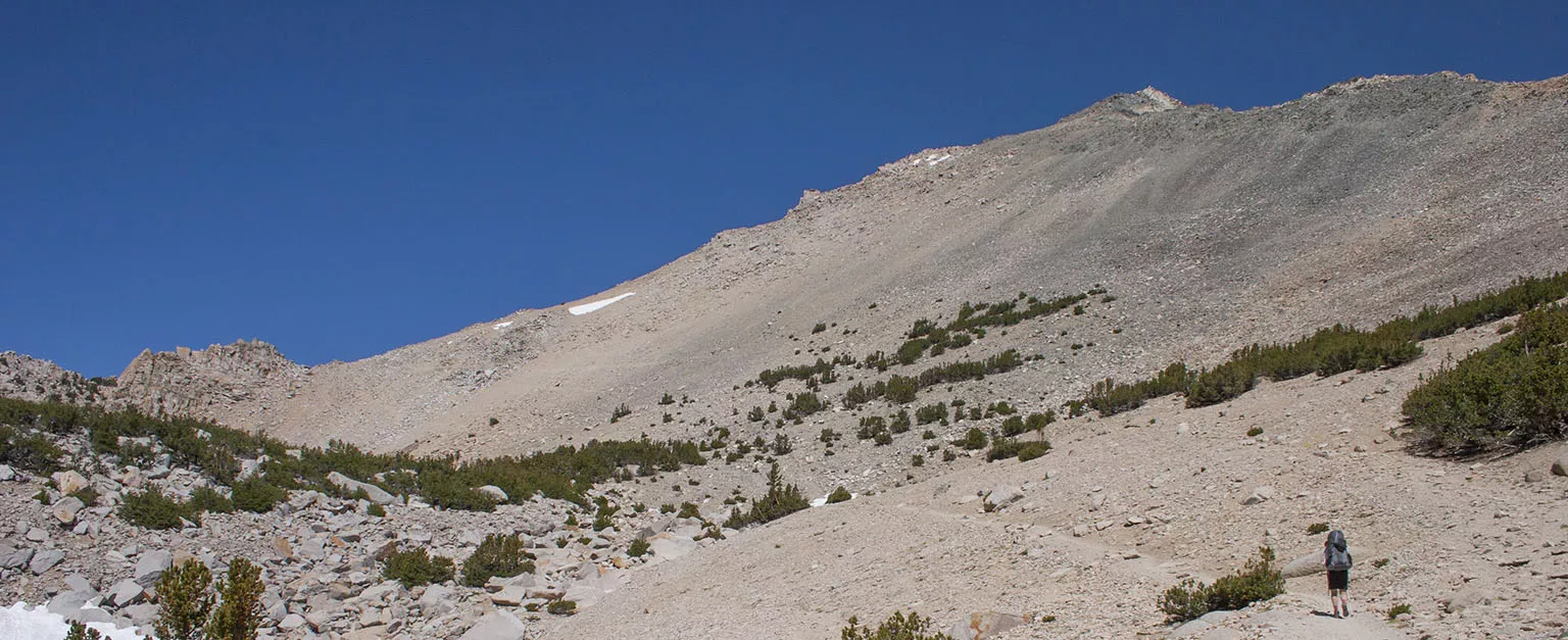 Below Kearsarge Pass. The pass is the notch on the right side of the rocks left of center