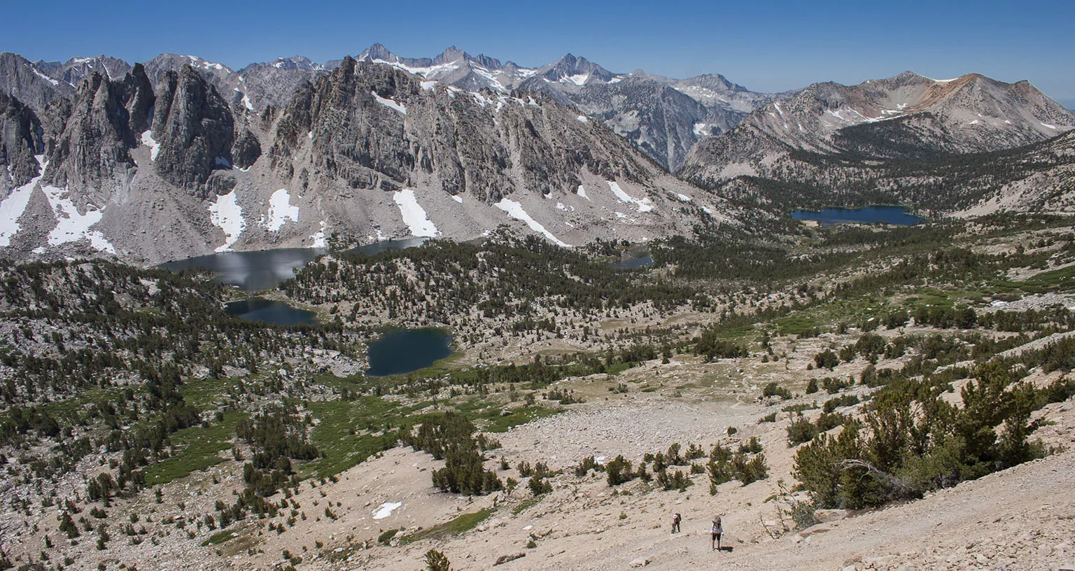 Looking down from Kearsarge Pass. Kearsarge Lakes on the left, Bullfrog Lake in the distance.