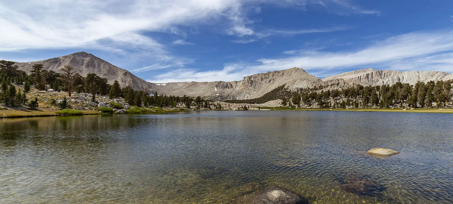 The largest South Fork Lake. Cirque Peak on the left, Mout Langley all the way in the back, right.