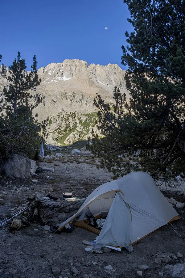 Our camp on the PCT with the moon and Mt. Stanford in the back