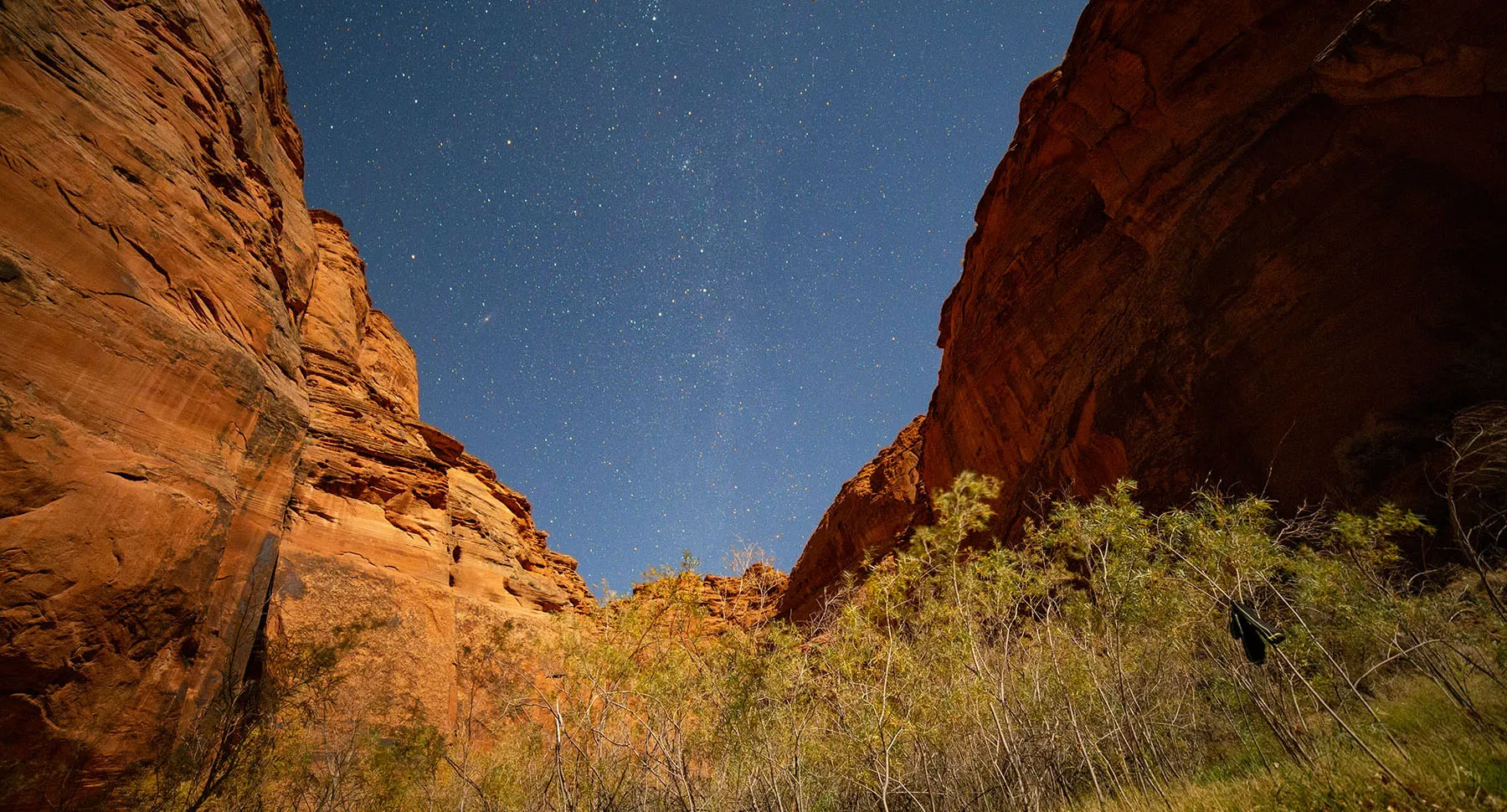 Night shot of the moonlit canyon and Milky Way from our campsite