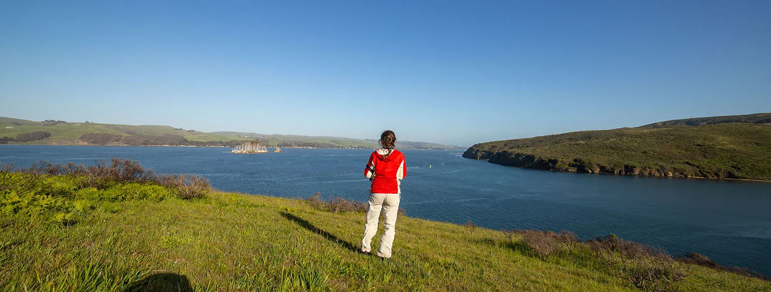 Em on the hill above White Gulch, looking south at Tomales Bay