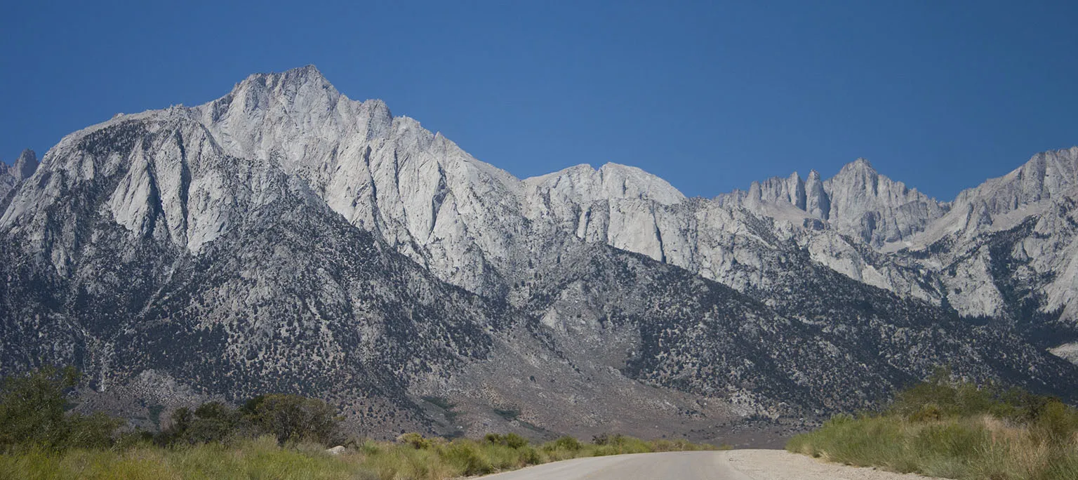 On Whitney Portal Road. Lone Pine Peak on the left, Mt. Whitney on the right.