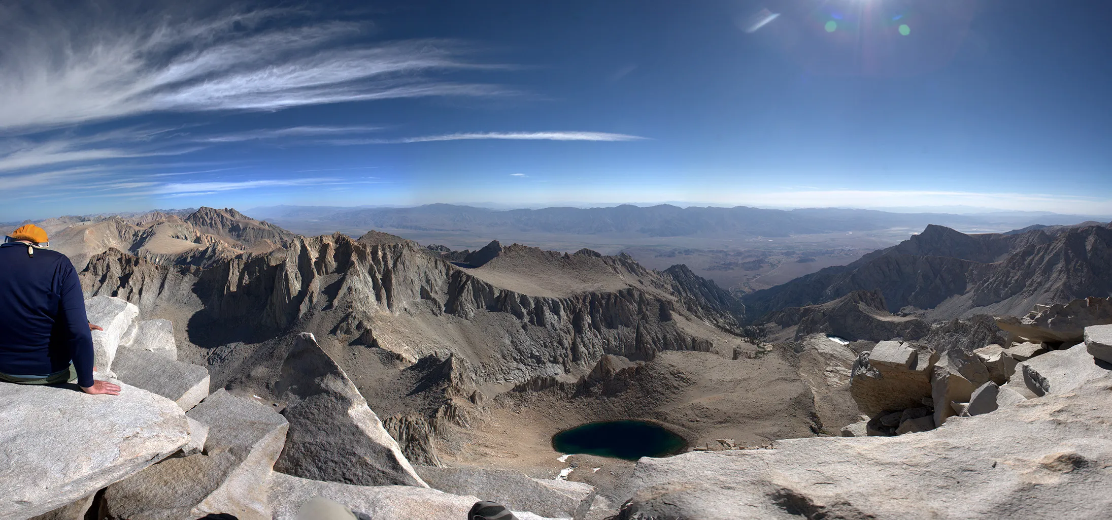 Panorama looking east from the summit of Mt. Whitney. Upper Boy Scout Lake in the bottom middle